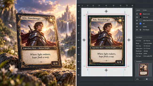 AI owns the imagination. Trained designers own the millimeters that make a card printable.